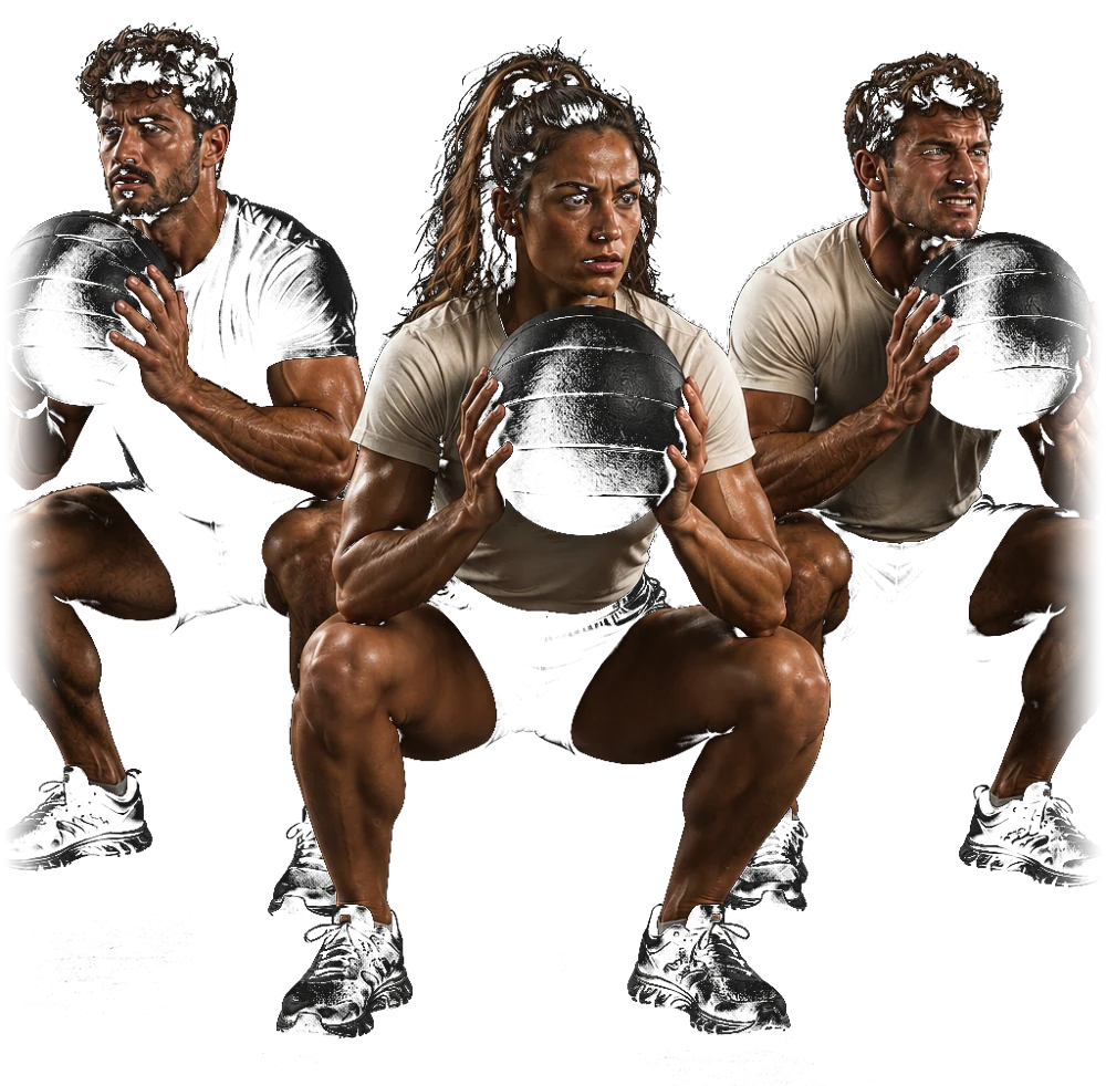 Trois adeptes en position de squat avec une médecine-ball pendant un cours collectif